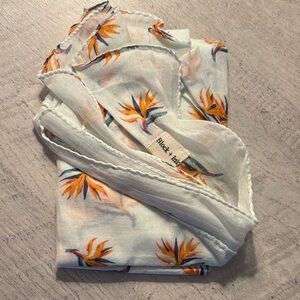 Block + ink White Floral Scarf with Orange & Green Bird-of-Paradise Print